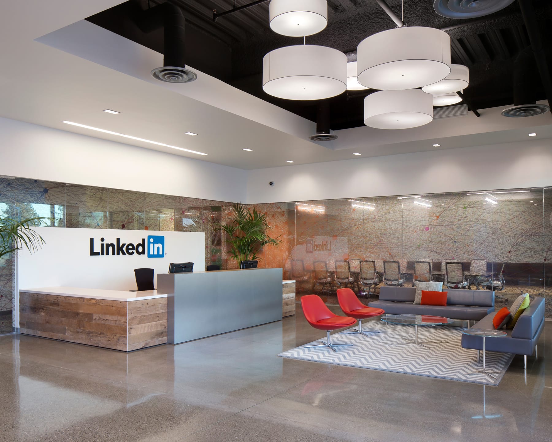 An interior view of the lobby at LinkedIn in Sunnyvale, California