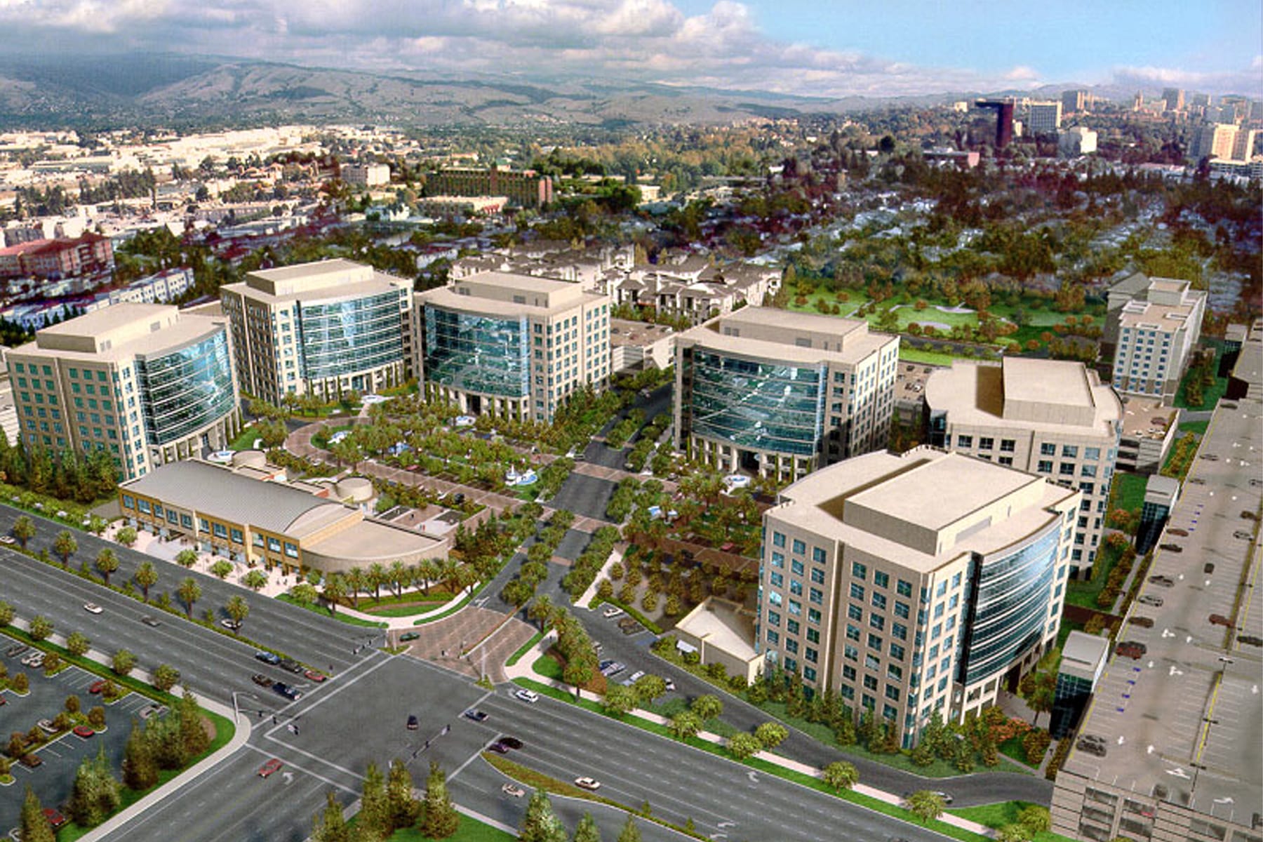 An aerial view of the Skyport Plaza office buildings in San Jose, California